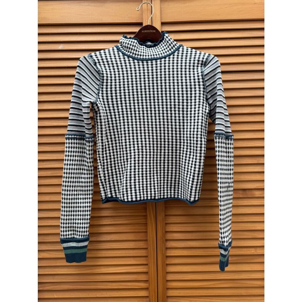 We The Free Black & White Ribbed Mock Neck Sweater with Teal Trim size small
